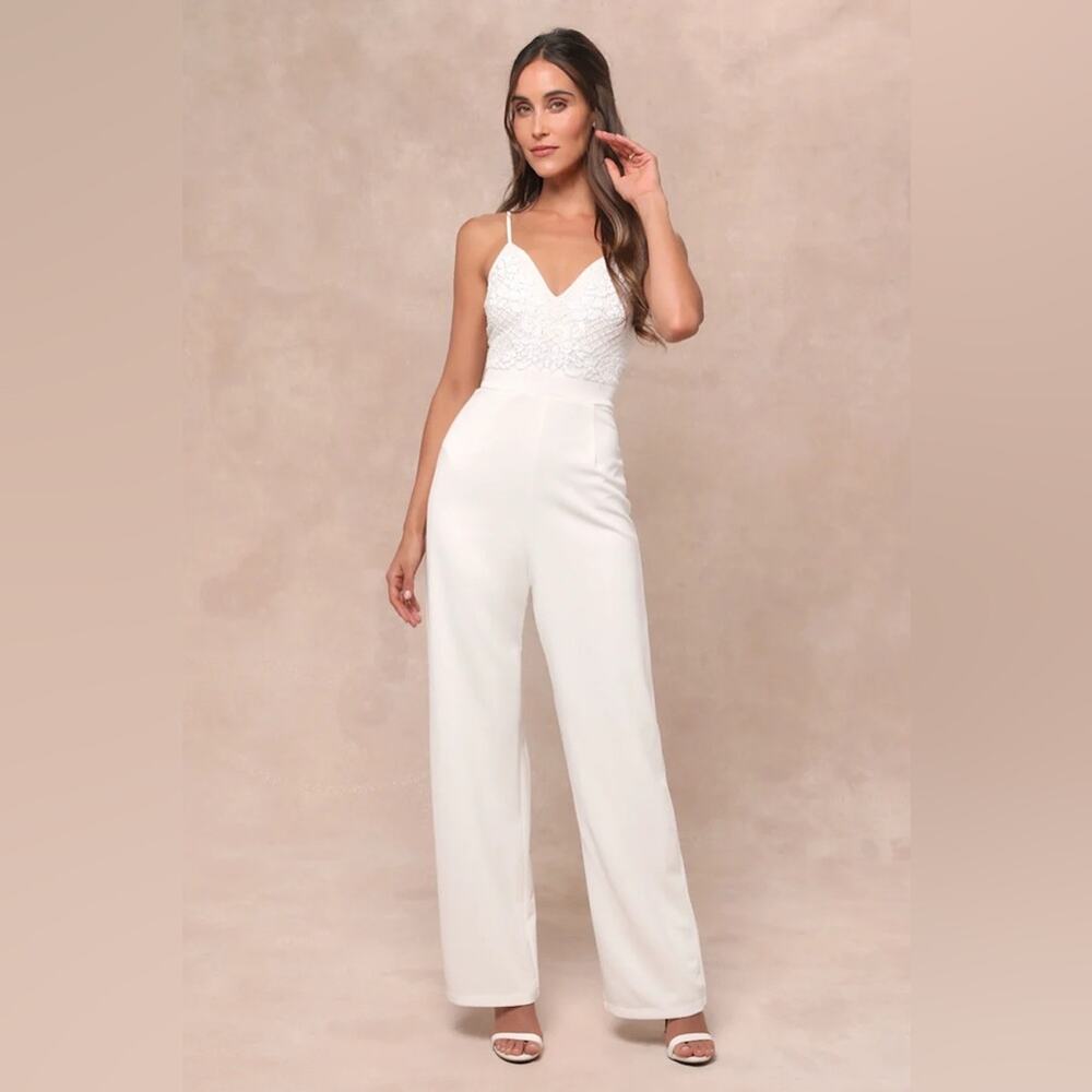 Lulus Memorable Occasion White Beaded Sequin Wide-Leg Jumpsuit
